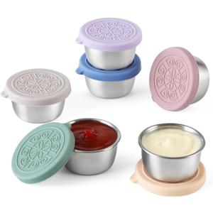 VITEVER [6 Pack] Salad Dressing Container To Go, 1.6 oz Small Condiment Containers with Lids, Reusable Stainless Steel Sauce Cups , Leakproof Silicone Lids for Lunch Bento Box, Picnic and Travel