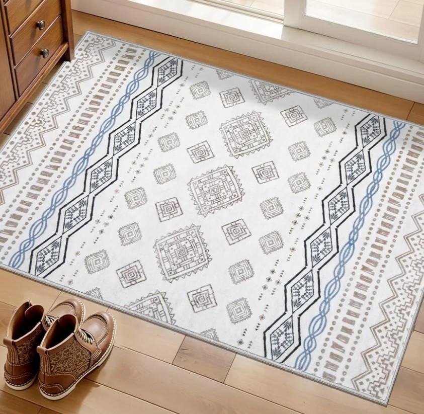 SERISSA 2x3 Rugs for Entryway, Washable Non-Slip Grey Blue Small Area Rug, Soft Low-Pile Boho Geometric Indoor Entry Rug Door Mat Indoor Entrance Front Door Carpet for Bathroom Kitchen Bedroom
