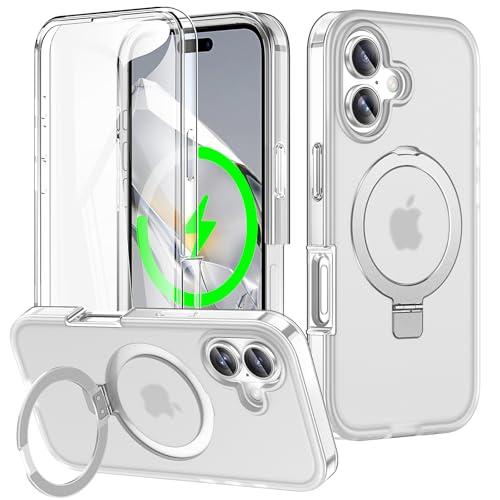 Turquiase for iPhone 17 Full Body Shockproof Case with Magnetic Invisible Stand [Compatible with MagSafe] Built-in Screen Protector Military Drop ProtectionTranslucent iPhone Cover -White