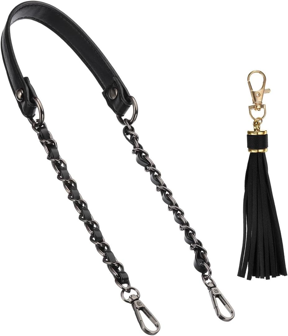 PATIKIL Purse Chain Strap, 24 Inch Leather Chain Straps Purse Strap Replacement Flat Chain Strap with Tassel for Shoulder Crossbody Bag Handbag Woman, Black