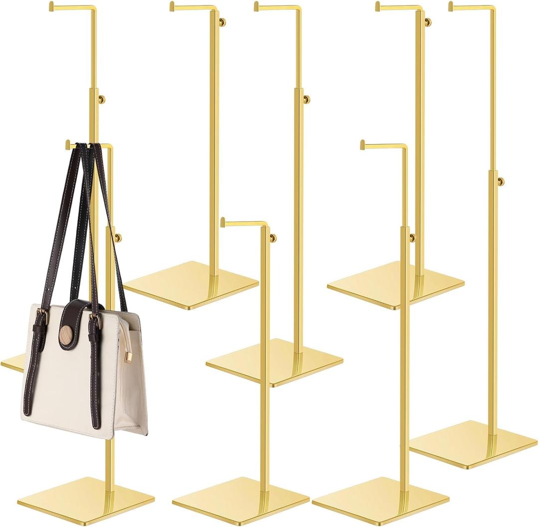 Hicarer 8 Pcs Gold Purse Display Stands Stainless Steel Adjustable Height Bags Display Rack Metal Handbag Display Holder Set for Home Store Boutique Counter Retail Floor Display Props Shelve(Classic)