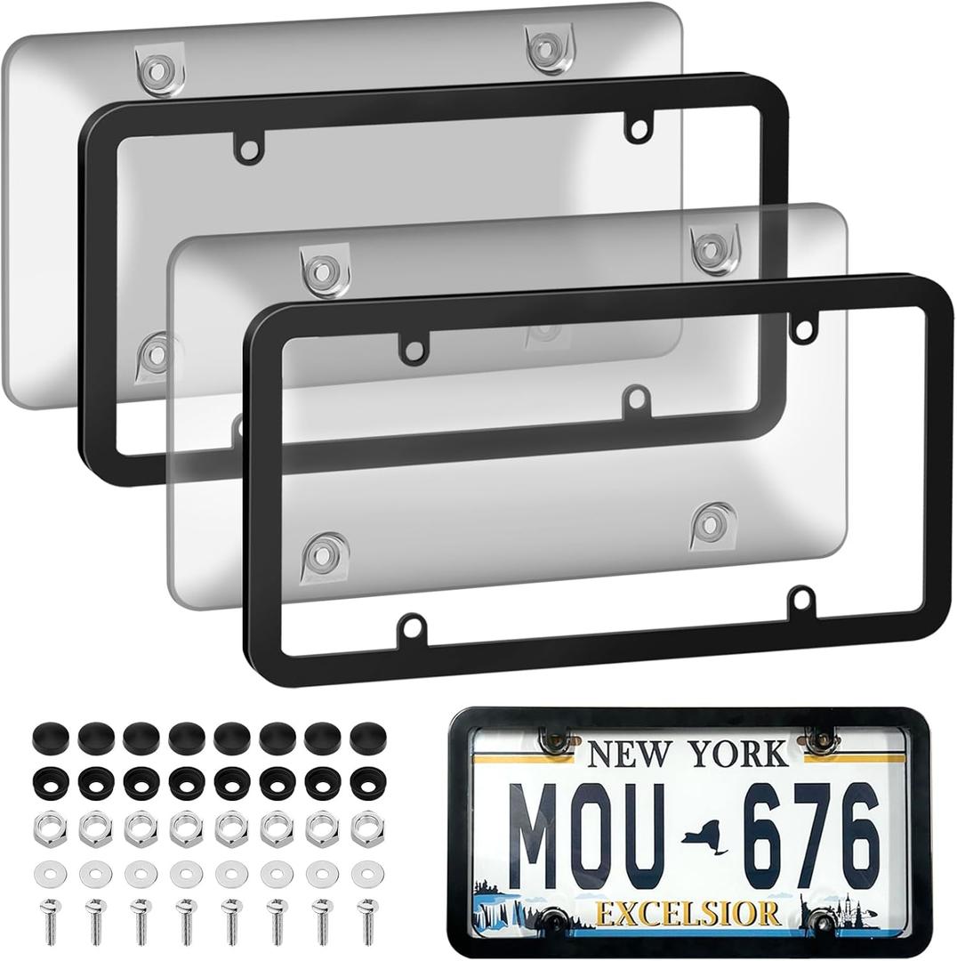 License Plate Frame Cover, Clear License Plate Protector 2 Pack, ABS Car Rear Front Plate Frames with Screws Caps, Rustproof, Unbreakable, Easy Install for Cars, Trucks, SUVs, Clear Gray