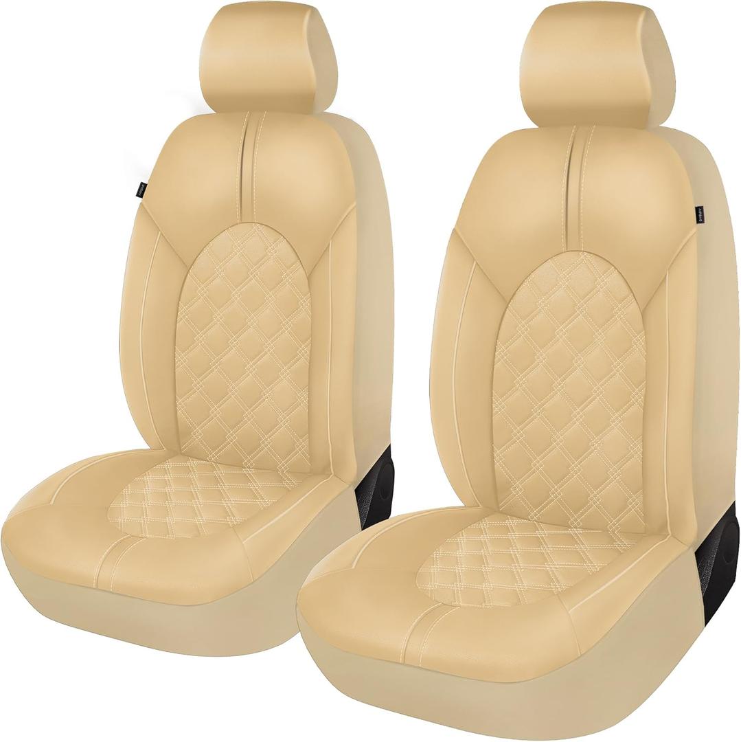 CAROMOP Luxury PU Leather Car Seat Covers Front Set, Anti-Stain Waterproof Automotive Seat Covers for Cars, Universal Car Interior Covers Seat Protectors for SUVs Pick-up Trucks (Beige/Beige Line)