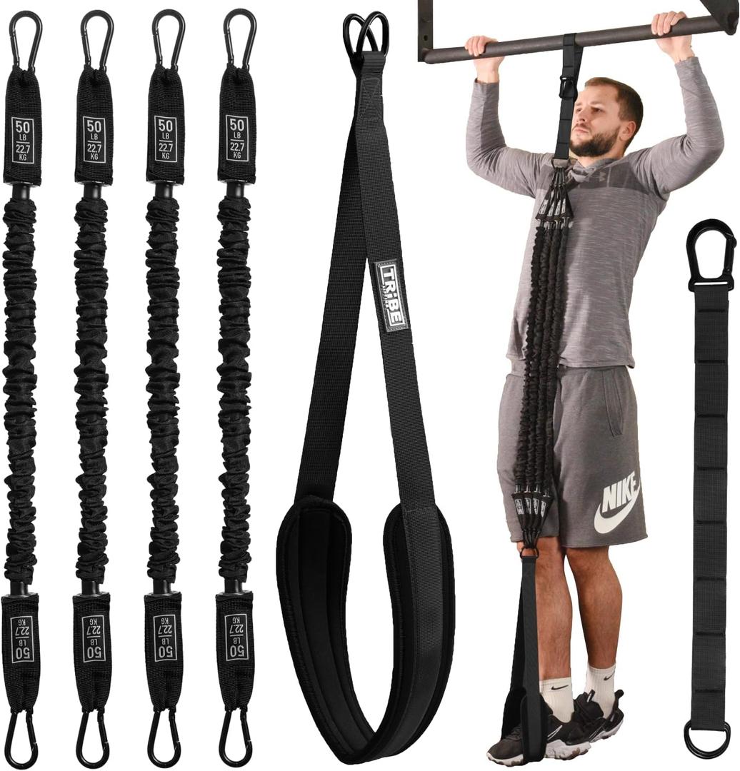 Pull Up Assistance Bands - 4 Heavy Duty Pull Up Bands with Adjustable Strap and Foot Rest - Stackable Pull Up Assist Band Set for Pull Up Bar - Resistance Bands for Pull Ups Chin Ups Strength Training (Black)