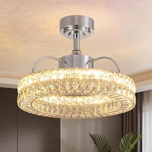 Crystal Ceiling Fans with Lights, 21" Fandelier Ceiling Fan with Light and Remote 6-Speed Wind, Dimmable LED, Chandelier Ceiling Fan for Bedroom Dining Room Living Room, 22 INCH