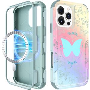 for iPhone 16 Pro Case - Compatible with MagSafe Women Girls Cute Magnetic Protective Phone Cover Girly Butterfly Pretty Heavy Duty Shockproof Funda for Apple 16 Pro Cases