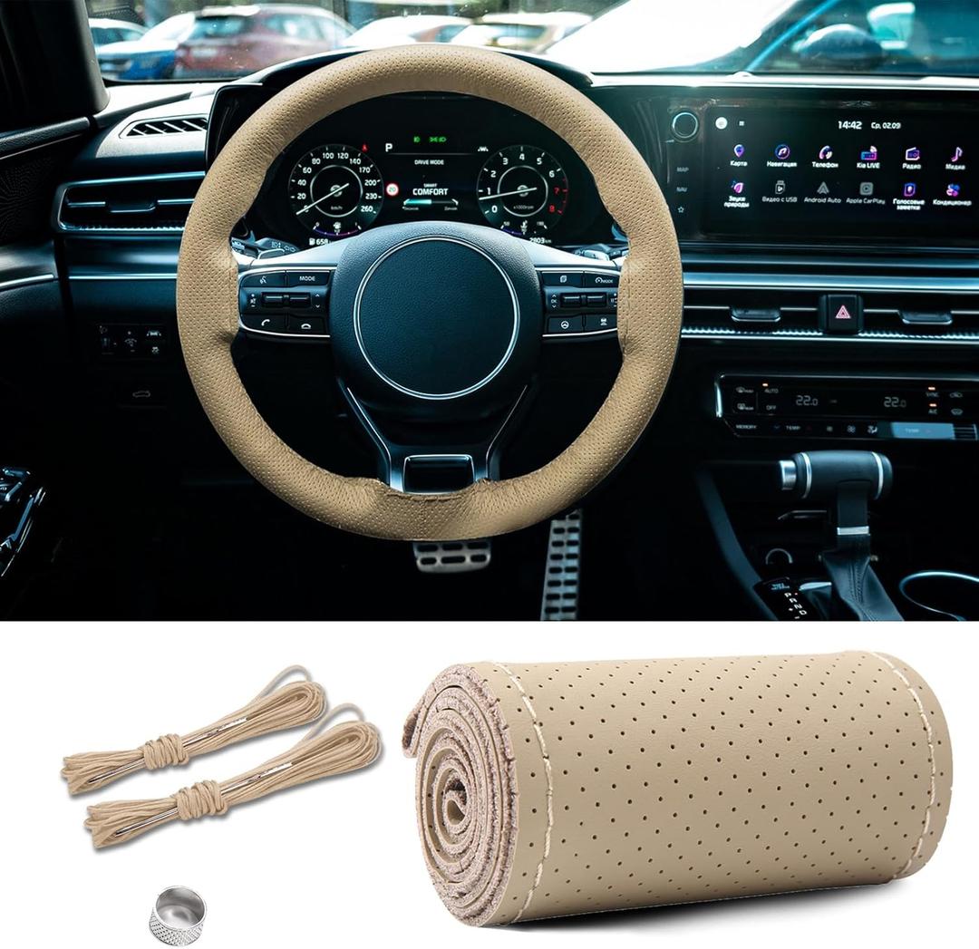 Leather Steering Wheel Cover, Stitch on Wrap, Breathable Anti-Slip Car Steering Wheel Protector, DIY Sewing with Needle Thread,15 Inch (Beige, Hole)