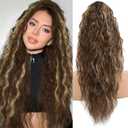 Ponytail Extension, Claw Clip on Pony tails Hair Extension for Women 22 Inch Long Wavy Curly Fake Ponytail Clip in Hair Pieces for Women Fluffy Natural Looking (Dark Chestnut with Blonde Highlights)