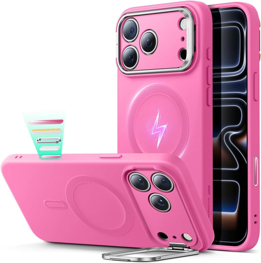 ESR Silicone Case for iPhone 17 Pro, Built-in Camera Stash Stand Compatible with MagSafe, Military-Grade Drop Protection Magnetic Phone Case for iPhone 17 Pro, Cloud Series, Rosy Pink