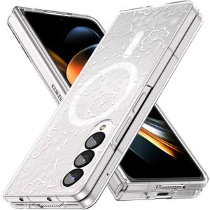 Magnetic for Galaxy Z Fold 3 Case, Clear Case with Flowers, Slim | Anti-Yellow Hard PC Protective Soft TPU Bumper Cute Cover for Galaxy Z Fold 3, White Flower Painting(10-84)