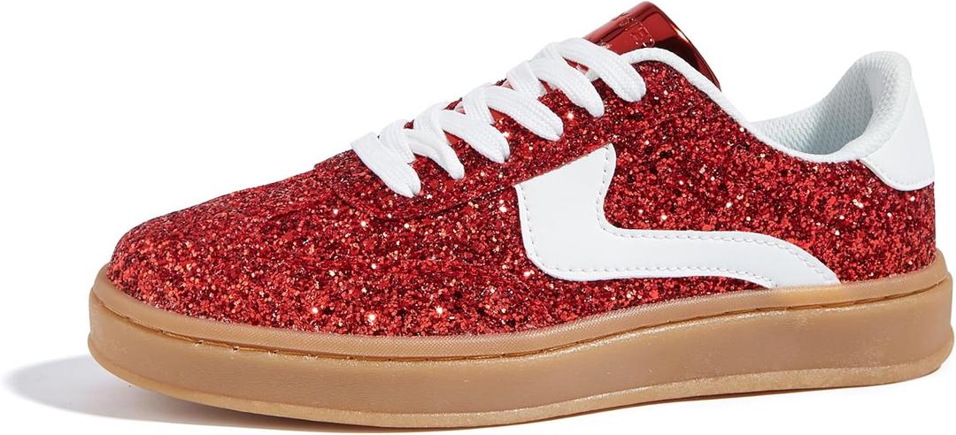 LUCKY STEP Women's Glitter Sneakers Fashion Retro Casual Sparkly Bling Shiny Dressy Bedazzled Bridal Wedding Anti Slip Walking Shoes (8.5, Red)