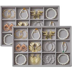 Large Velvet Jewelry Tray 2 Pack Stackable Jewelry Display Drawer Inserts Trays Organizer for Earring Bracelet Necklace Ring (Gray, 12 Grids)