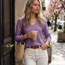 Dokotoo Womens Fall V Neck Long Sleeve Eyelet Embroidered Blouse (Purple, L)