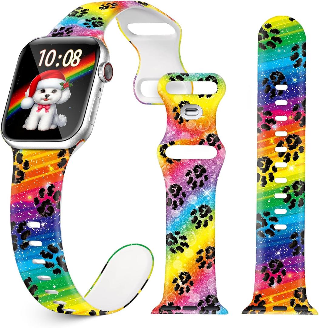 Christmas Fall Halloween Watch Band for Apple Watch, Silicone Holiday Hello Autumn Printed Strap Replacement for iWatch 1 2 3 4 5 6 7 8 9 10 Ultra 38mm 40mm 41mm 42mm 44mm 45mm 46mm 49mm, Thanksgiving gift for women men (Rainbow Dog Paw)