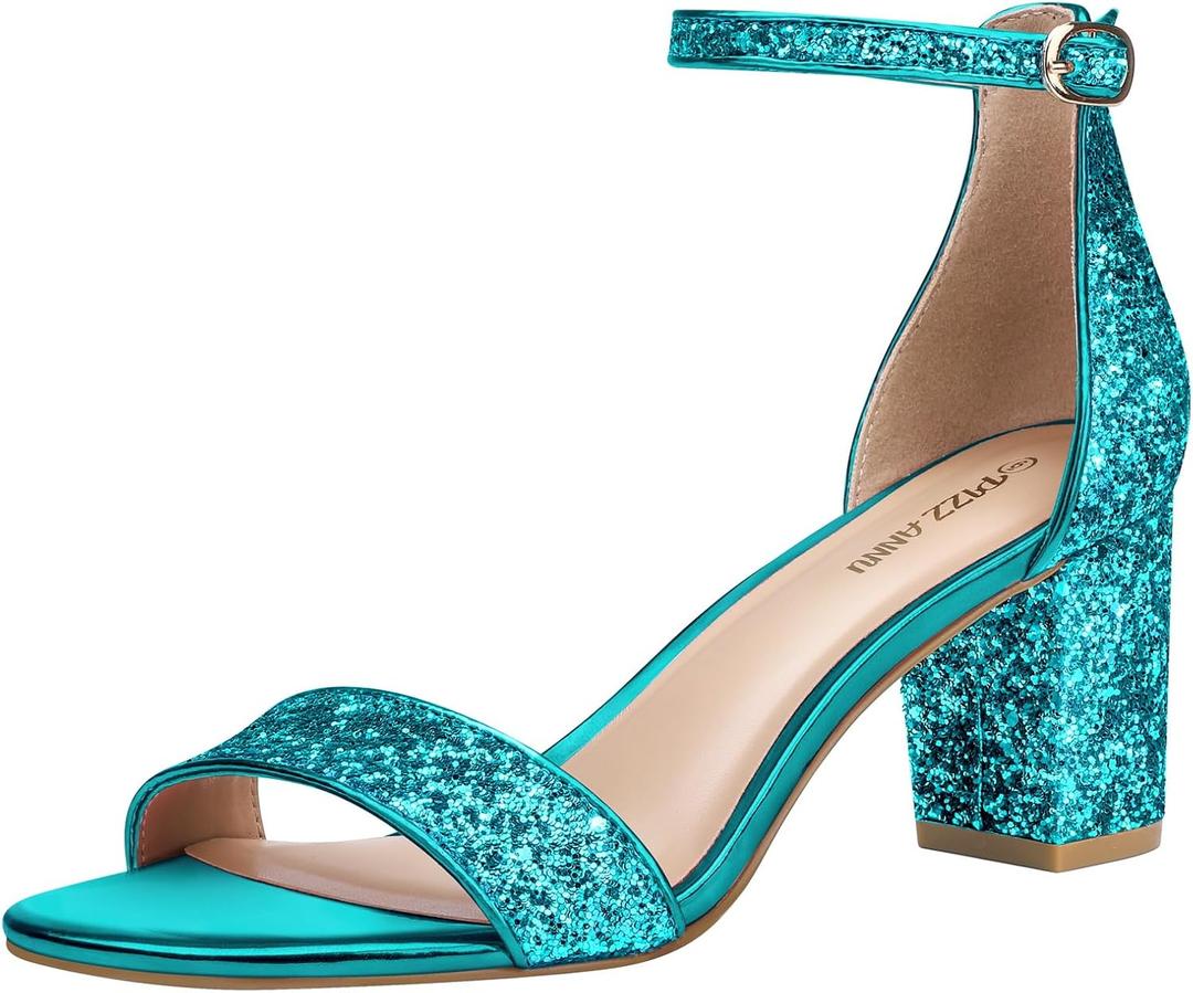 PIZZ ANNU Women's Open Toe Ankle Strap Low Block Chunky Heels Sandals Party Dress Pumps Shoes Strappy Buckle Sandals with 2.6" Tall Thick Heel Design,  6, Blue Sequin