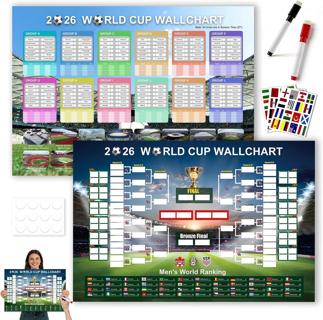2 x 2Pcs World Soccer Cup 2026 Schedule Poster,35.4"×23.6" World Soccer Cup 48-Team Flag Stickers Writable Soccer Poster,World Soccer Cup Merchandise Soccer Games Gifts for Soccer Fans,Party Decorations Includes 2 Marker Pens