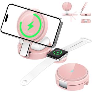 3 in 1 Magnetic Wireless Charging Station for iPhone 17/16/15/14/13/12 Series, Apple Watch and AirPods, MagSafe-Compatible 15W Fast Charging Stand, Foldable Adjustable Travel Charger, Pink