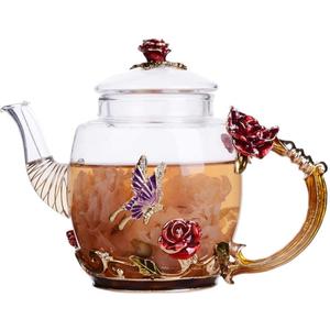 XUDREZ Glass Blooming Tea Teapot for Women - Red Rose Floral with Gold, 10.15oz/300ml