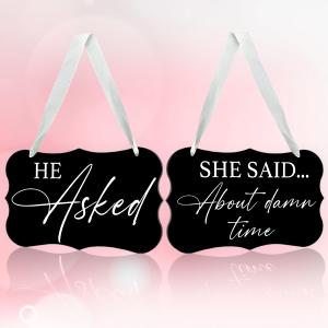 2 x 2 Pcs Acrylic Wedding Sign, Ring Bearer Sign, Rustic Wedding Decor Signs, Acrylic Wall Art With Ribbon for Chairs Weddings Decor and Event Party - He Asked She Said About Damn Time (Black)