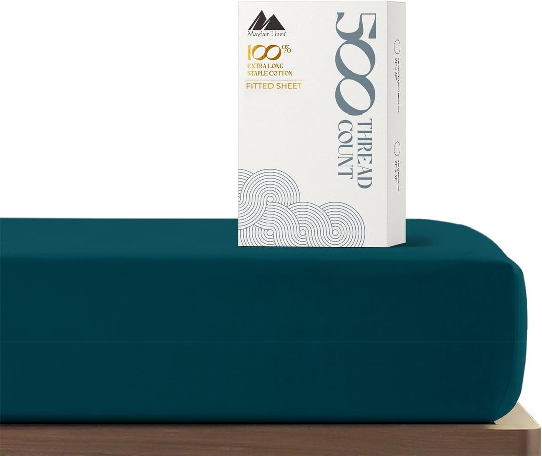 Mayfair Linen Twin XL Fitted Sheet Only - 100% Cotton 500 Thread Count 16" Deep Pocket Fitted Sheet Twin XL, Soft Cooling Sateen Weave Durable Bottom Sheet, Fits College Dorm Mattress, Teens - Teal
