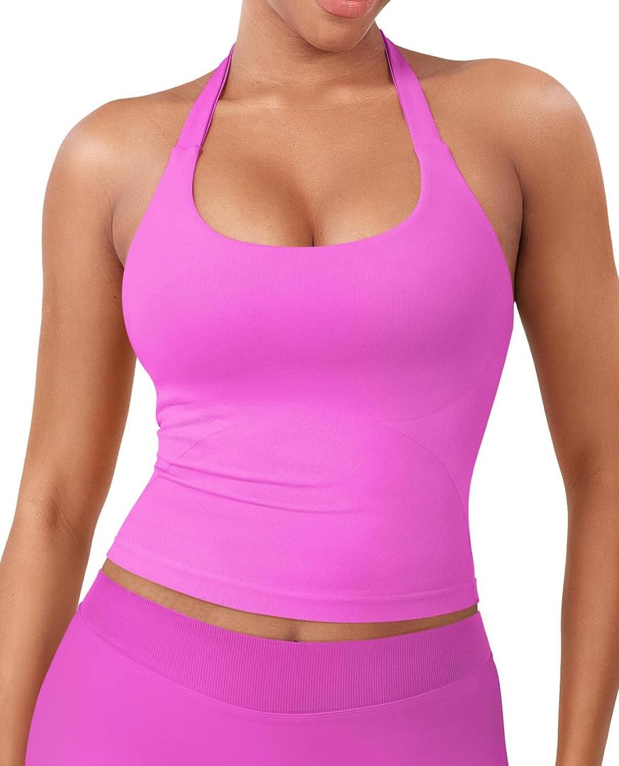 YEOREO SoftHue Women's Impact Halter Tank Top Longline Backless Scoop Neck Built-in Bra Sports Workout Gym Crop Top (Pink, L)