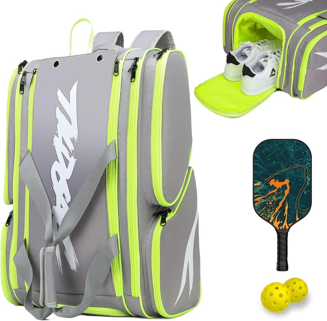 Pickleball Bag - Large Paddle Bag for 4 Paddles & Accessories - Fence Hook, Extra Pockets, Shoe Compartment (15.5"L*9.84"W*22"H, Grey)