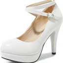 fereshte Women's Platform Pumps, Ankle Strap, High Heel, Closed Toe, Party Wedding Dress Shoes Matte White 7