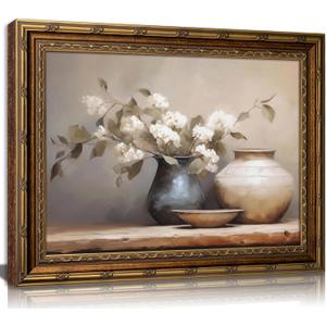 Vintage Gold Framed Canvas Wall Art Muted Hydrangea Flower Art Prints Hydrangeas in Vintage Vase Painting Pictures Pottery Still Life Floral Poster Artwork for Bedroom Living Room Wall Decor, 24"L x 16"W