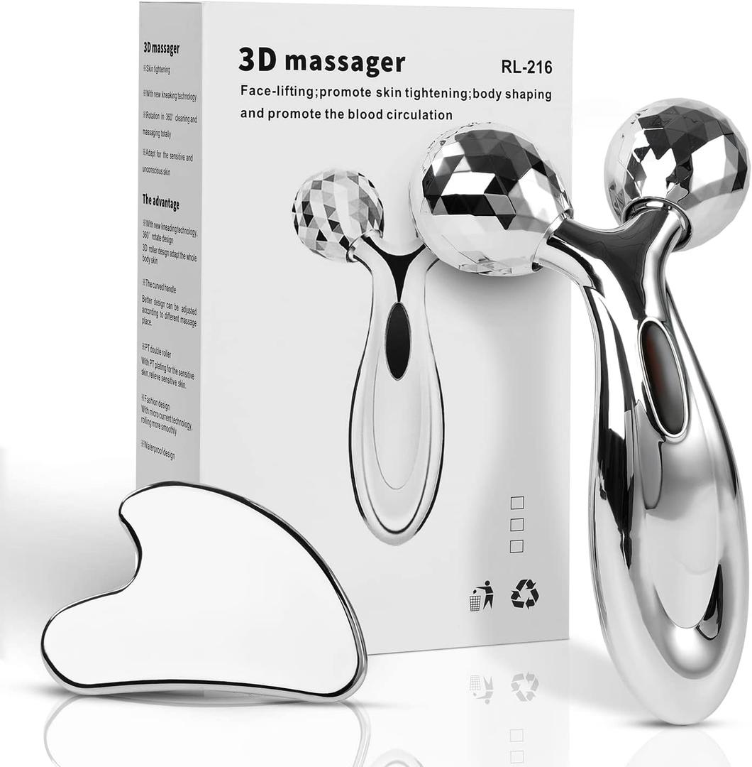 Stainless Steel Gua Sha and Face Roller Set, Facial Tool for Face Sculpting, Metal Skin Care, Massager for Women