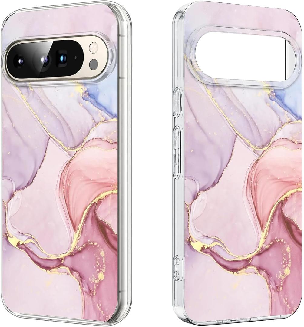 CameCosy Floral Case for Google Pixel 9 Pro 6.3inch with Luxury Pink Marble Pattern for Women Girls, Transparent Soft TPU Ultra Slim Anti-Scratch Shockproof Protective Cover for Google Pixel 9 Pro