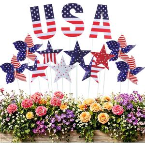 13Pcs 4th of July Outdoor Decoration Garden Stakes, 250th Patriotic Plastic USA Shape Yard Signs, Red White Blue Star Planter Stakes Pinwheels for Independence Day Memorial Day Anniversary, 5.2 W x 17.7 H