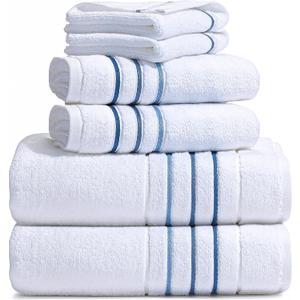 Bath Towel Set_White Towel For Bathroom, Luxury Hotel &Spa Quality, 100% Cotton .Includes 2 Large Bath Towels, 2 Hand Towels and 2 Washcloths.Super Soft, Absorbent & Decorative (White/Azure Blue)