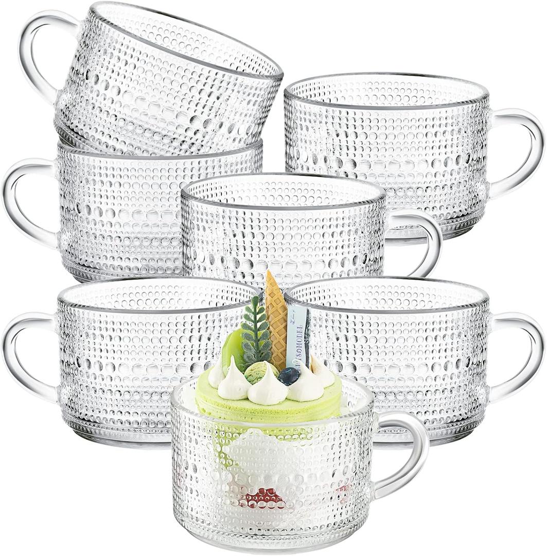 Eccliy 6 Pcs Vintage Coffee Mugs 14 oz Glass Stackable Tea Cups Embossed Glass Cups Coffee Cup Vintage Glassware with Handle for Cappuccino Latte Cereal Yogurt Beverage Dessert Water (Clear)