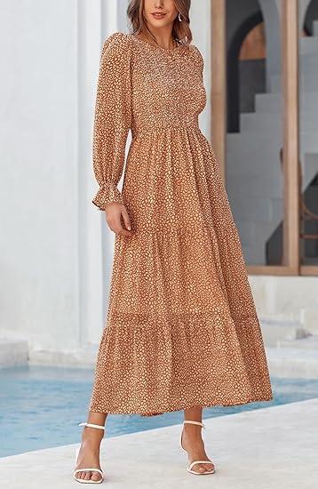 BTFBM Women Casual Long Sleeve Crew Neck Fall Dress Bohemian Relaxed Fit Floral Flowy Maxi Dresses Tiered Cocktail Dress
, Size M