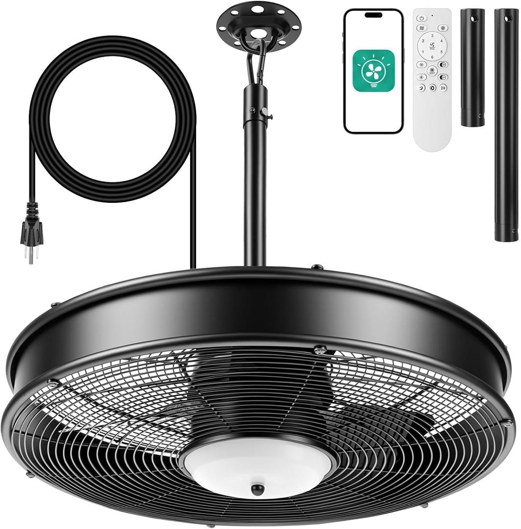 22 Inch Plug in Outdoor Ceiling Fan with Light, IP44 Waterproof Caged Gazebo Fan, Remote/App, 6 Speeds Dimmable LED for Patio Porch Pergola(Black), 21.65 inches / 55 cm