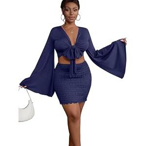 LYANER Women 2 Piece Vacation Outfits Tie Knot Front Bell Long Sleeve Crop Top and Mini Skirt Summer Set Navy Blue XX-Large