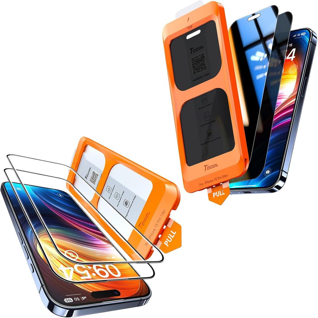 TOCOL for iPhone 15 Pro Screen Protector & Privacy Screen Protector 9H Hardness Military Grade Shatterproof HD Tempered Glass Easy Installation 2 Pack+2 Pack