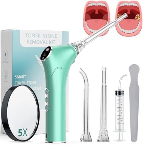 Alitake Electronic Vacuum Tonsil Stone Removal Kit - Tonsil Stone Remover with Built-in LED Light 3 Suction Mode - Fight Bad Breath Oral Irrigator 5X Magnifying Mirror for Stone Removal (Green)