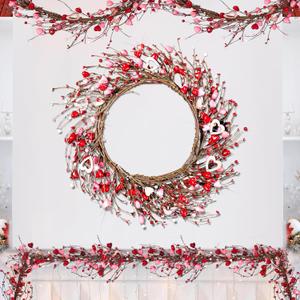 Hotop 6 Feet Valentine's Day Berry Garland Red Pink Galentines Day Artificial Garland with Handmade Foam Hearts Decorations for Mantle Fireplace Valentines Heart Table Decor Wedding Wreath DIY Craft