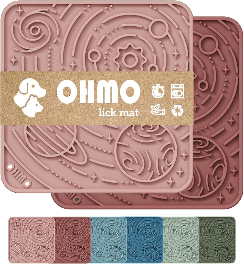 OHMO Lick Mat for Dogs and Cats(Small, Mars&Coral, 2pcs) Enrichment Accessories Toy Space Star Easy Clean Pet Slow Feeder/Suction Cups, Licking Pad for Anxiety Relief and Boredom Reduction (5.9x5.9 inches Square)