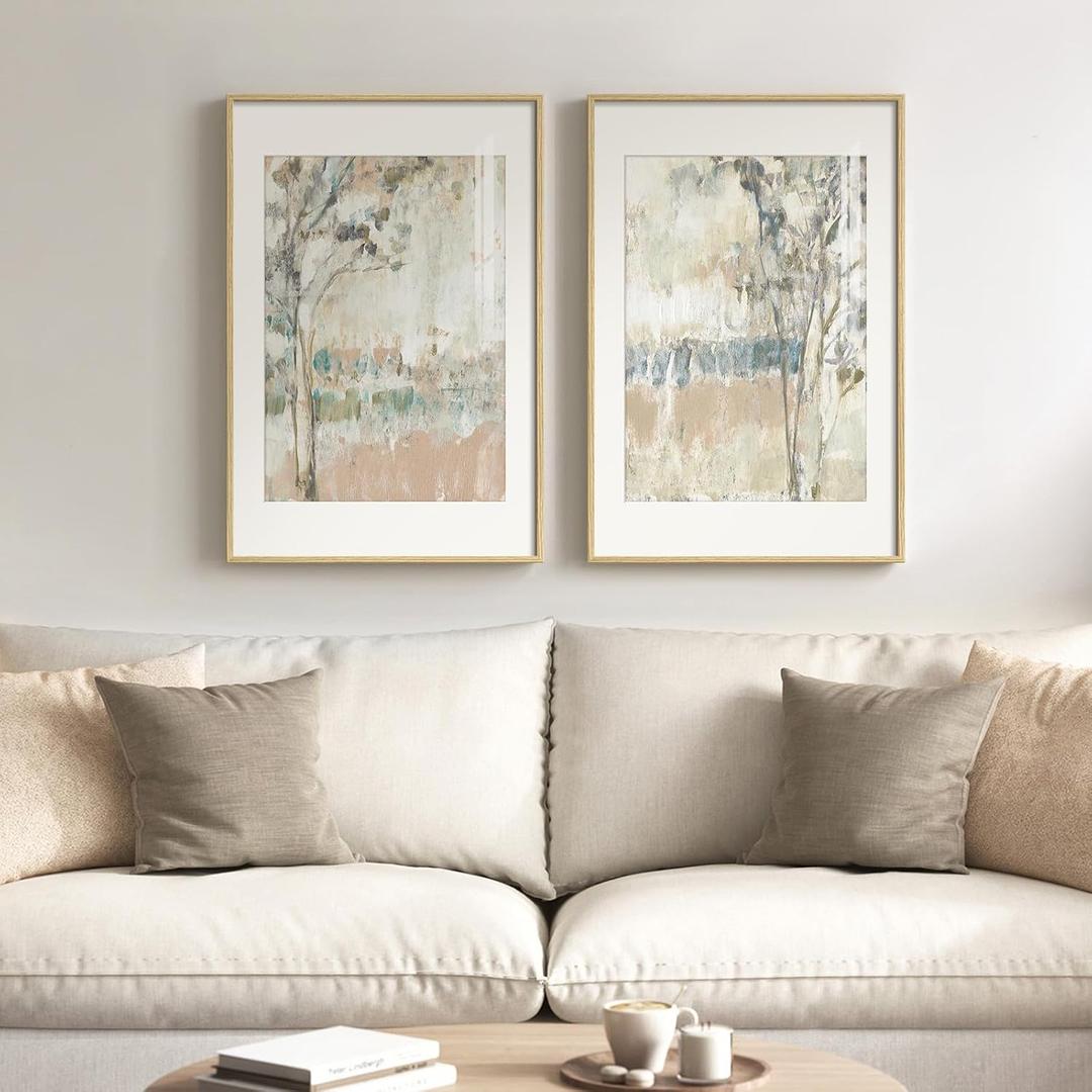 Framed Neutral Abstract Landscape Wall Art for Living Room, Large Set of 2 Minimalist Tree Canvas Artwork for Walls, Modern Nature Scenic Paintings Prints Wall Decor for Bedroom Home Office, 20x30 In