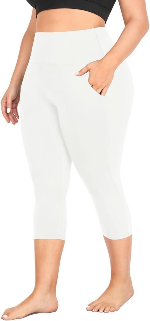 MOREFEEL Capri Plus Size Leggings for Women with Pockets-Stretchy XXL Tummy Control High Waist Workout Black Yoga Pants
