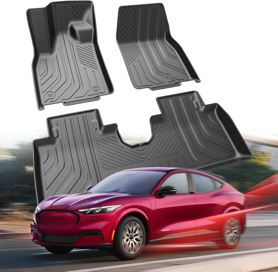 Car Floor Mats for Ford Mustang Mach E 2021-2025, All Weather Protection TPE Car Mats Custom Car Liners Accessories, Front & 2nd Row Floor Liners Set, Black