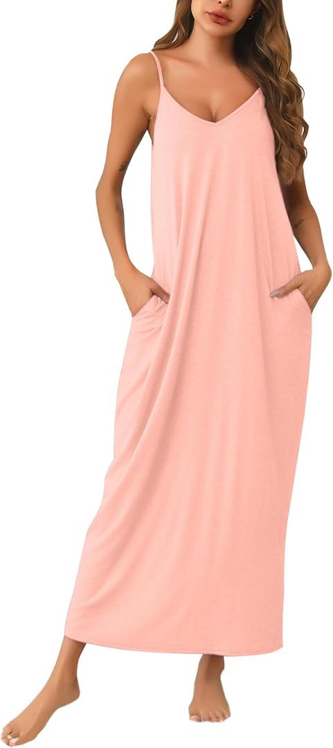 Marvmys Womens Cotton Long Nightgowns Spaghetti Strap V Neck Full Slip Sleep Shirts with Pockets (Small, Light Pink)