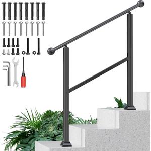 3-Step Outdoor Stair Handrail Kit, Heavy Duty Aluminum Alloy Adjustable Height with Powder Coated Black Metal Finish Complete Installation Hardware & Tools Included for Concrete Porch Deck Brick
