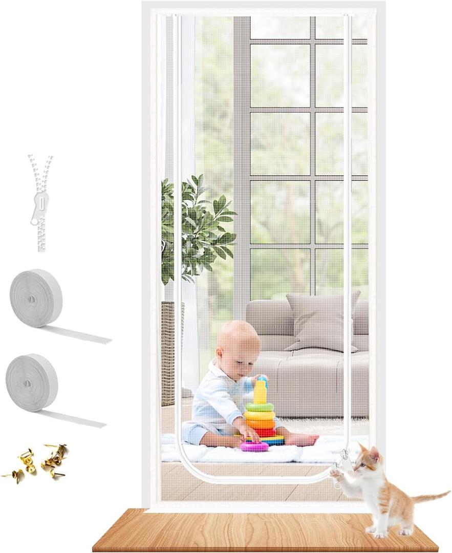 Dixutzi Reinforced Cat Screen Door Fits Door Size 36''x 80'', Heavy Duty Pets Proof Screen Door with Zipper, Prevent Dogs Cats Running Out from Home (White)