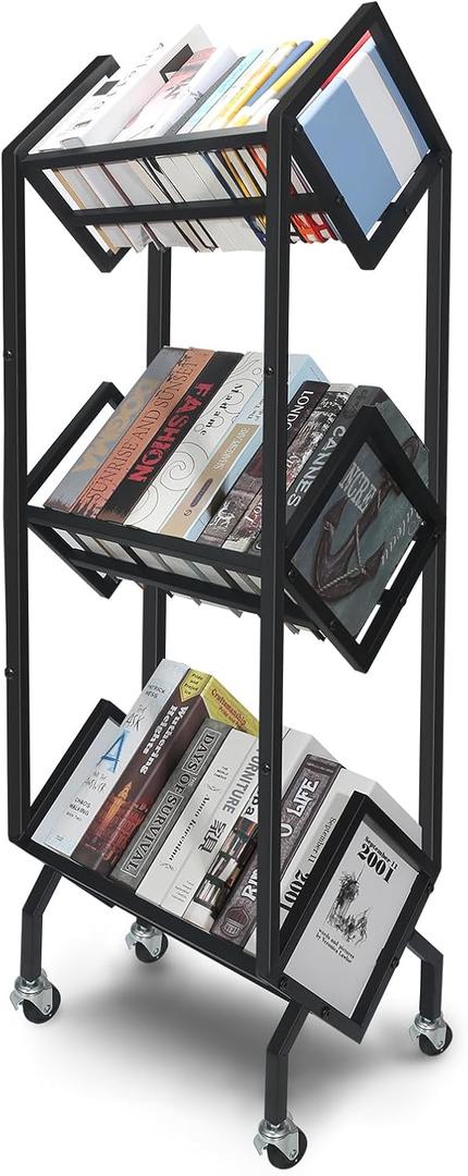 with 360Rotation Wheels 3-Tier Metal Book Carts,Used for Study Rooms, Living Rooms, Sofas, and Beds Library Cart, Slanted Bookshelf Study Rooms