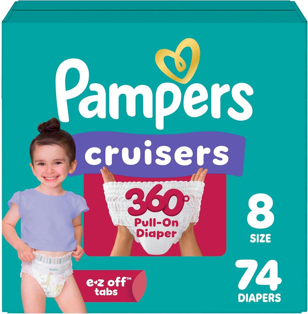 Pampers Diapers - Cruisers 360° - Size 8, 74 Count, up to 100% Leakproof Fit, Designed for Active Babies, Pull On Diaper
