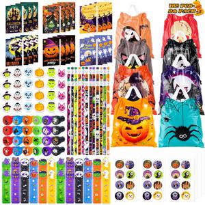 168 Pcs 24 Pack Assorted Halloween Party Favors Stationery Bulk Set for Kids Classroom, Goodie Bag Fillers Incl Halloween Bags, Notepads, Stamps, Rulers, Pencils, Stickers...Trick or Treat