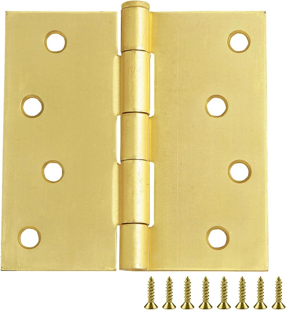Design House Square Interior Door Hinges, 4.0 in. x 4.0 in., 1/4-in. Radius, Steel, Pre-Lubricated, Door Hardware, Satin Brass, 4.0 in. L x 4.0 in. W x 0.125 in., 181644